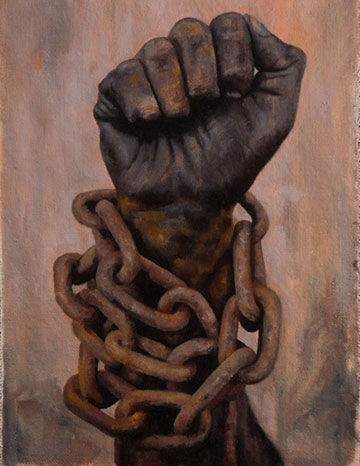 Oil Painting Study of a man’s hand in shackles. Painting title: Fragmented